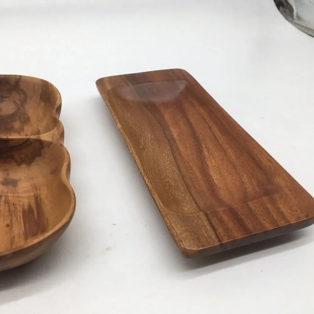 Vtg MCM 3 Hawaiian Kamani Carved Exotic Oblong Wood Bowls Scalloped 9” Divided